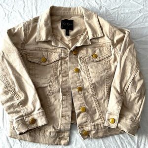 Jessica Simpson cropped sleeve khaki colored denim jacket.